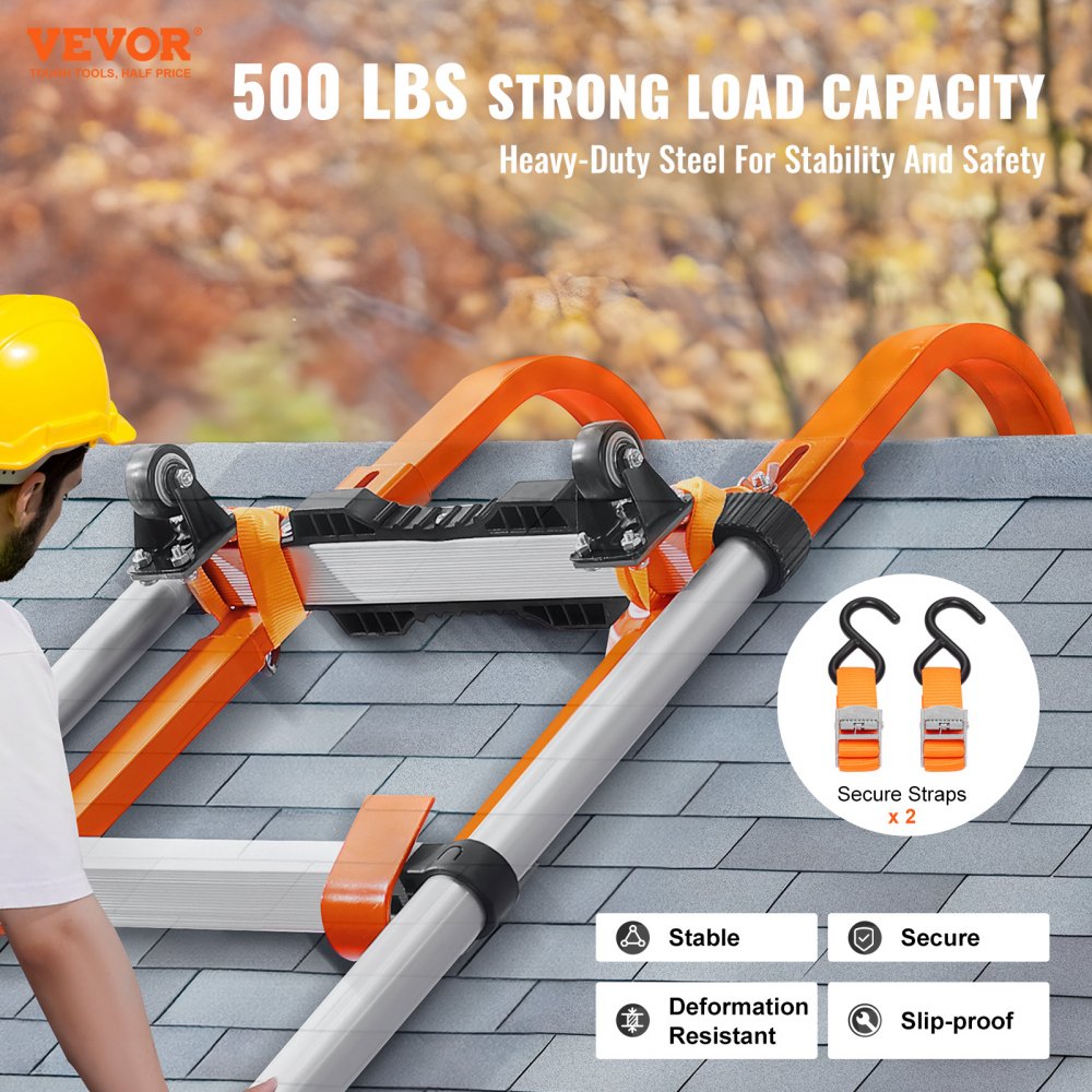 VEVOR Ladder Roof Hook, 2 Pack with Wheel Heavy Duty Steel Ladder Stabilizer, Roof Ridge Extension Rubber Grip T-Bar for Damage Prevention, 500 lbs Weight Rating, Fast & Easy to Access Steep Roofs