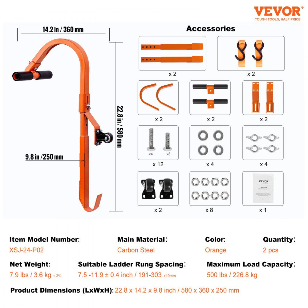 VEVOR Ladder Roof Hook, 2 Pack with Wheel Heavy Duty Steel Ladder Stabilizer, Roof Ridge Extension Rubber Grip T-Bar for Damage Prevention, 500 lbs Weight Rating, Fast & Easy to Access Steep Roofs