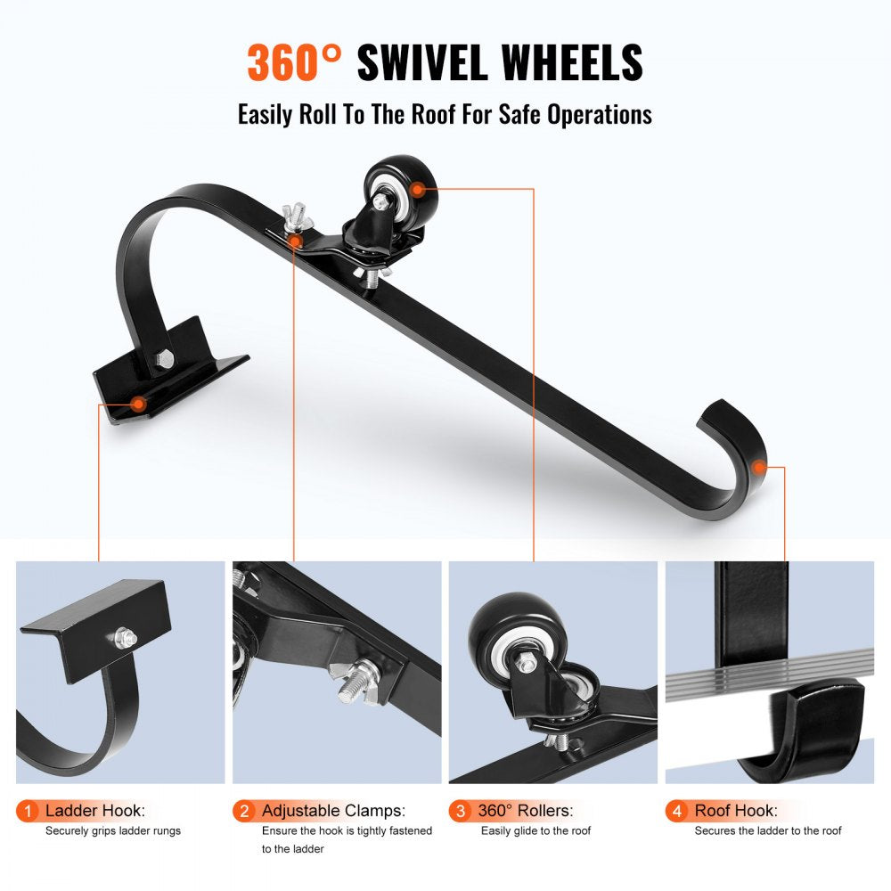 VEVOR Ladder Roof Hook, 2 Pack with Fixed Wheel & Swivel Bar, Wheel Heavy Duty Steel Ladder Stabilizer, Roof Ridge Extension for Damage Prevention, 600 lbs Weight Rating, Easy to Access Steep Roofs