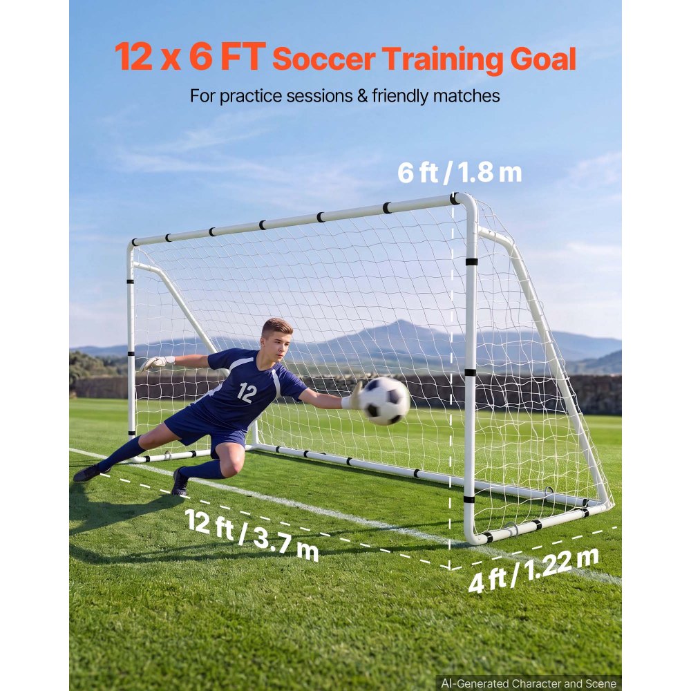 VEVOR Soccer Goal 12 x 6 FT Soccer Goal for Backyard with Iron Frame PE Net, Portable & Durable Set, High-Strength Net, Ground Stakes, Straps, for Youth & Adults Outdoor Backyard Practice Training