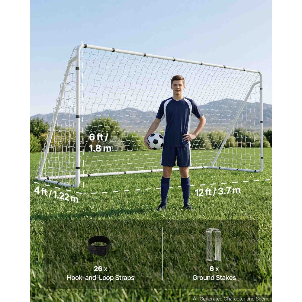 VEVOR Soccer Goal 12 x 6 FT Soccer Goal for Backyard with Iron Frame PE Net, Portable & Durable Set, High-Strength Net, Ground Stakes, Straps, for Youth & Adults Outdoor Backyard Practice Training