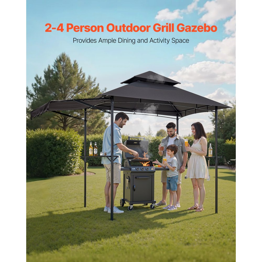 VEVOR Grill Gazebo, 8 x 5 ft Double-Tiered Top, BBQ Gazebo with Extra Awning, Powder-Coated Steel Patio Grill Shelter with 2 Side Shelves, Bottle Opener & Hooks, Outdoor Grilling Canopy for Garden