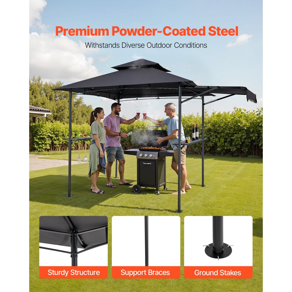 VEVOR Grill Gazebo, 8 x 5 ft Double-Tiered Top, BBQ Gazebo with Extra Awning, Powder-Coated Steel Patio Grill Shelter with 2 Side Shelves, Bottle Opener & Hooks, Outdoor Grilling Canopy for Garden