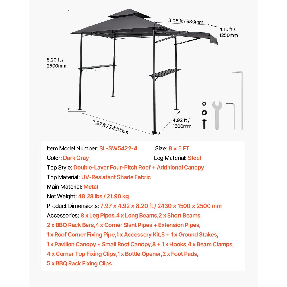 VEVOR Grill Gazebo, 8 x 5 ft Double-Tiered Top, BBQ Gazebo with Extra Awning, Powder-Coated Steel Patio Grill Shelter with 2 Side Shelves, Bottle Opener & Hooks, Outdoor Grilling Canopy for Garden