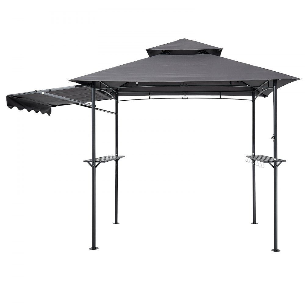 VEVOR Grill Gazebo, 8 x 5 ft Double-Tiered Top, BBQ Gazebo with Extra Awning, Powder-Coated Steel Patio Grill Shelter with 2 Side Shelves, Bottle Opener & Hooks, Outdoor Grilling Canopy for Garden