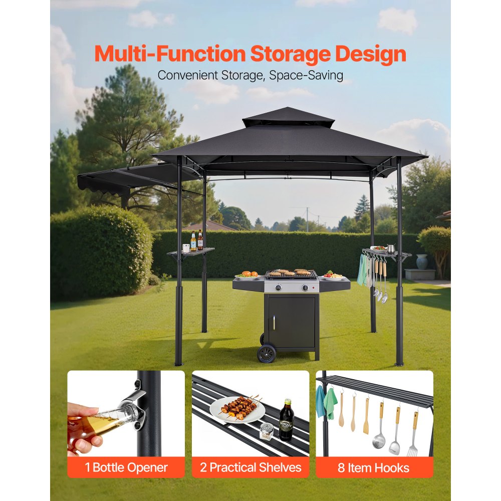 VEVOR Grill Gazebo, 8 x 5 ft Double-Tiered Top, Reinforced BBQ Gazebo with Extra Awning, Powder-Coated Steel Patio Grill Shelter with 2 Side Shelves & Hooks, Outdoor Grilling Canopy for Garden
