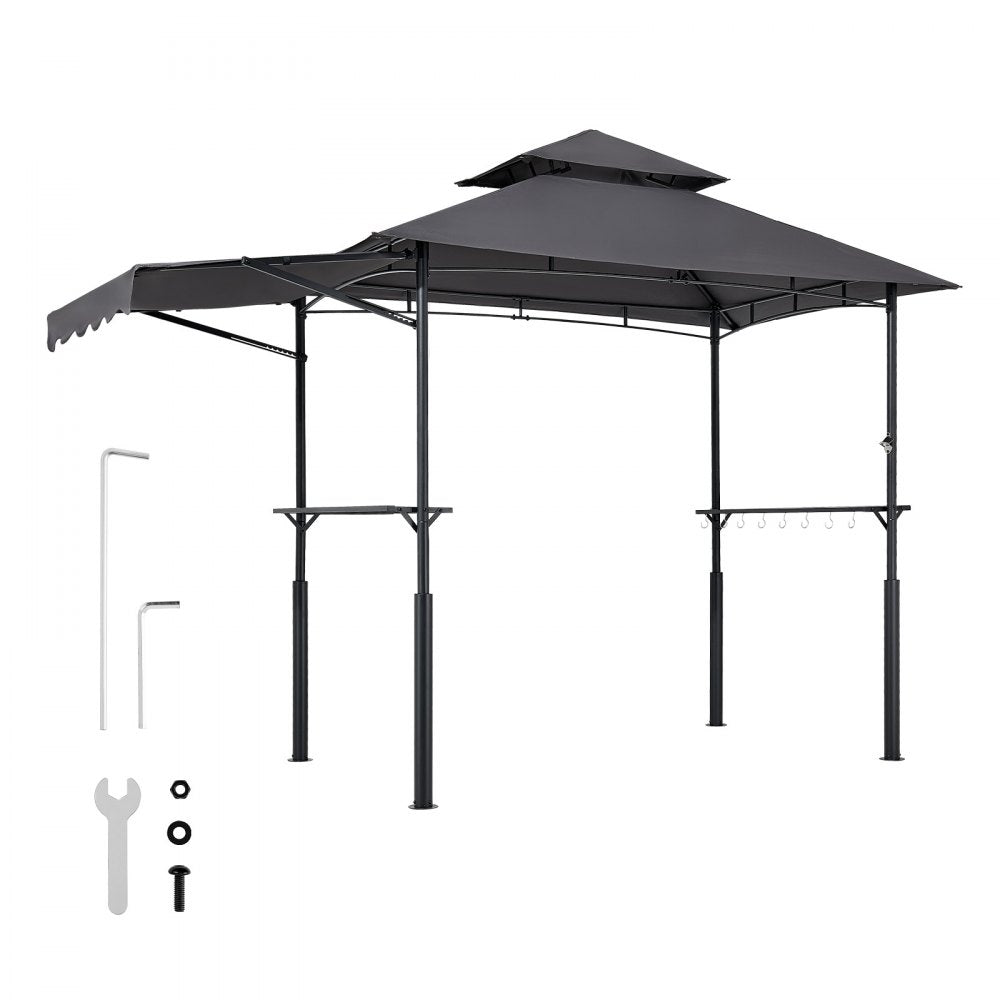 VEVOR Grill Gazebo, 8 x 5 ft Double-Tiered Top, Reinforced BBQ Gazebo with Extra Awning, Powder-Coated Steel Patio Grill Shelter with 2 Side Shelves & Hooks, Outdoor Grilling Canopy for Garden