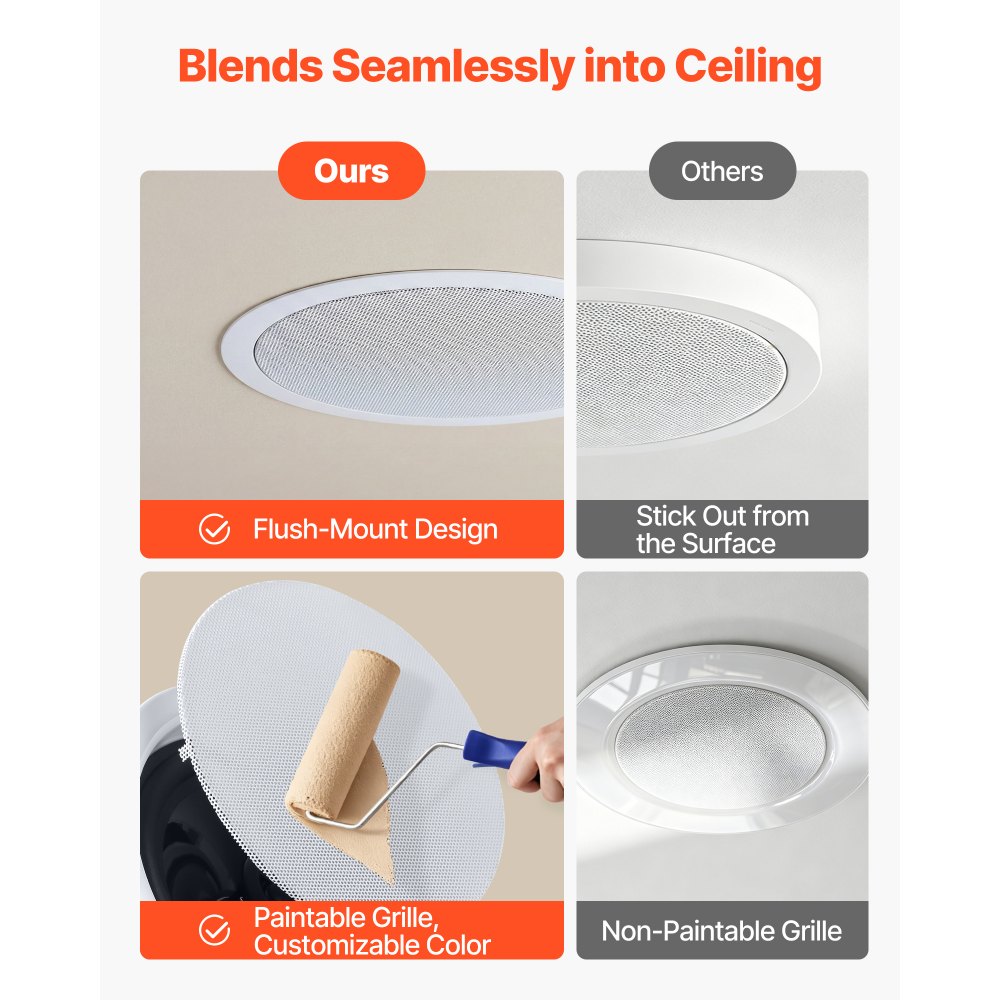 VEVOR Bluetooth Ceiling Speakers, 6.5", In Ceiling & In-Wall Speaker System with Amplifier, 2-Way, for Damp and Humid Placement, Home Theater, Covered Outdoor Patio and Flush Mount Wired, 4 Speakers