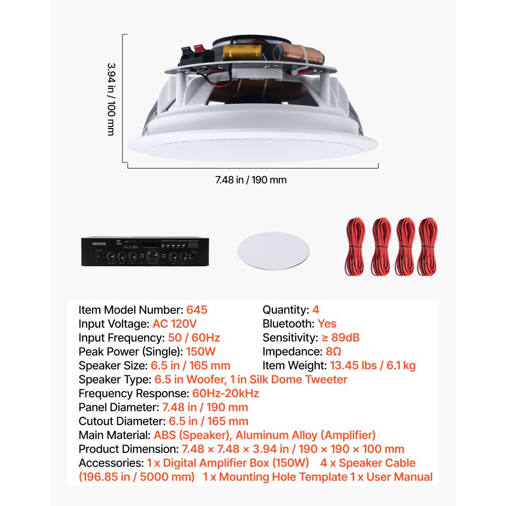 VEVOR Bluetooth Ceiling Speakers, 6.5", In Ceiling & In-Wall Speaker System with Amplifier, 2-Way, for Damp and Humid Placement, Home Theater, Covered Outdoor Patio and Flush Mount Wired, 4 Speakers