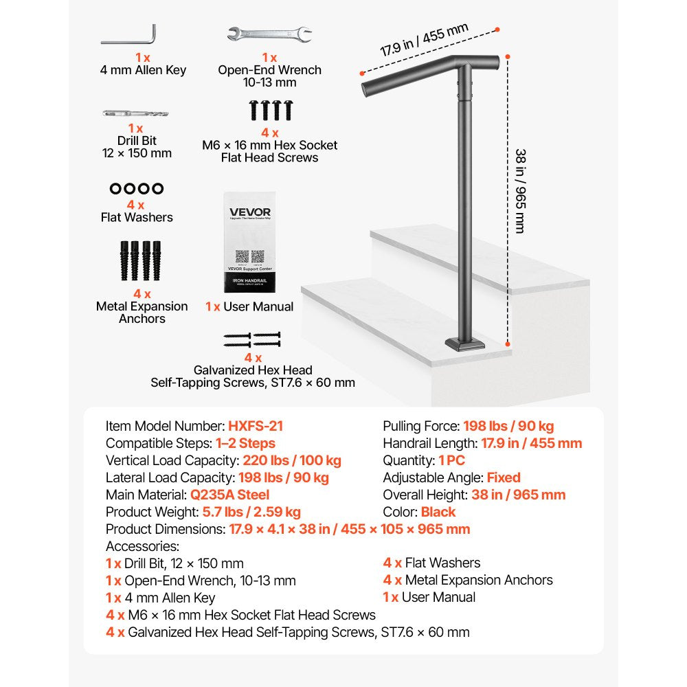 VEVOR Handrails for Outdoor Steps, 1-2 Step Stair Hand Rail Kit Single Post, Black Round Tube Stair Rails for Seniors, Concrete Steps & Porch & Deck, Heavy-Duty Galvanized Steel Railings w/ Drill Bit