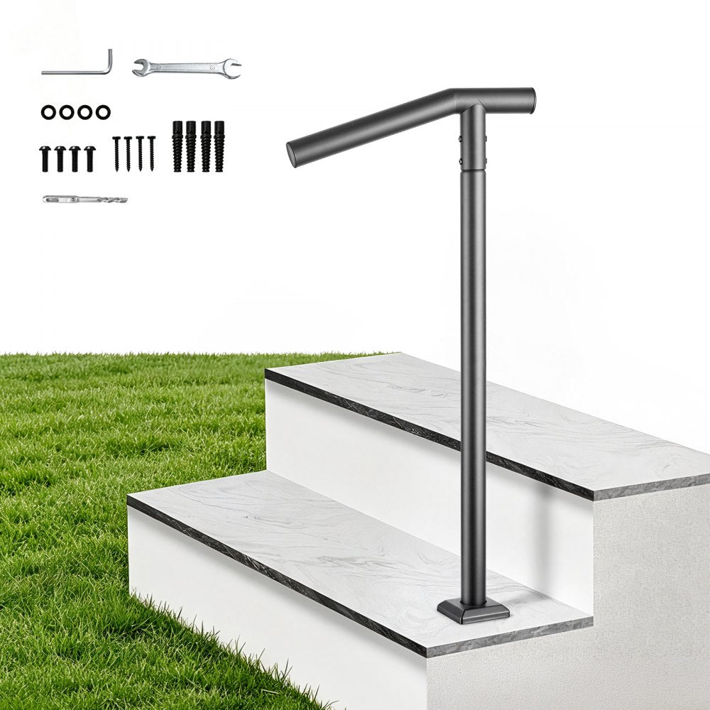 VEVOR Handrails for Outdoor Steps, 1-2 Step Stair Hand Rail Kit Single Post, Black Round Tube Stair Rails for Seniors, Concrete Steps & Porch & Deck, Heavy-Duty Galvanized Steel Railings w/ Drill Bit