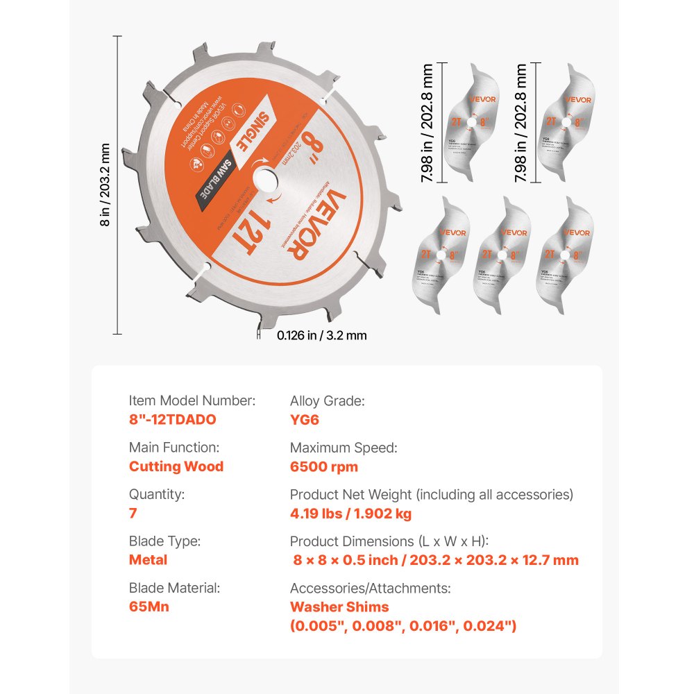 VEVOR Dado Blade Set, 8 inch Diameter, 12 Sharp Alloy Teeth, 5/8 inch Arbor, Fine Finish, Stacking Dado Blades with Chippers and Shims, Noise-Reducing Heat Vents, for Cutting Plywood, OSB, Hardwood