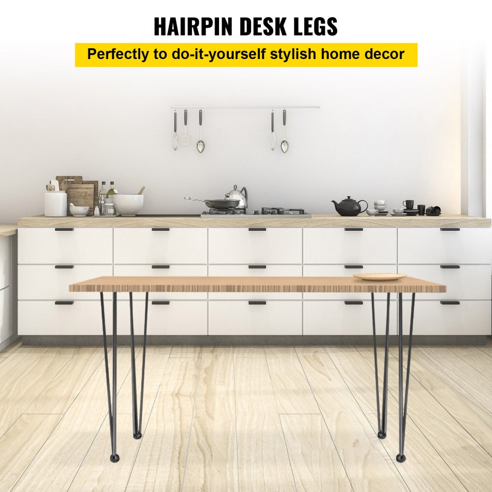 VEVOR Hairpin Table Legs 16\" Black Set of 4 Desk Legs 880lbs Load Capacity (Each 220lbs) Hairpin Desk Legs 3 Rods for Bench Desk Dining End Table Chairs Carbon Steel DIY Heavy Duty Furniture Legs