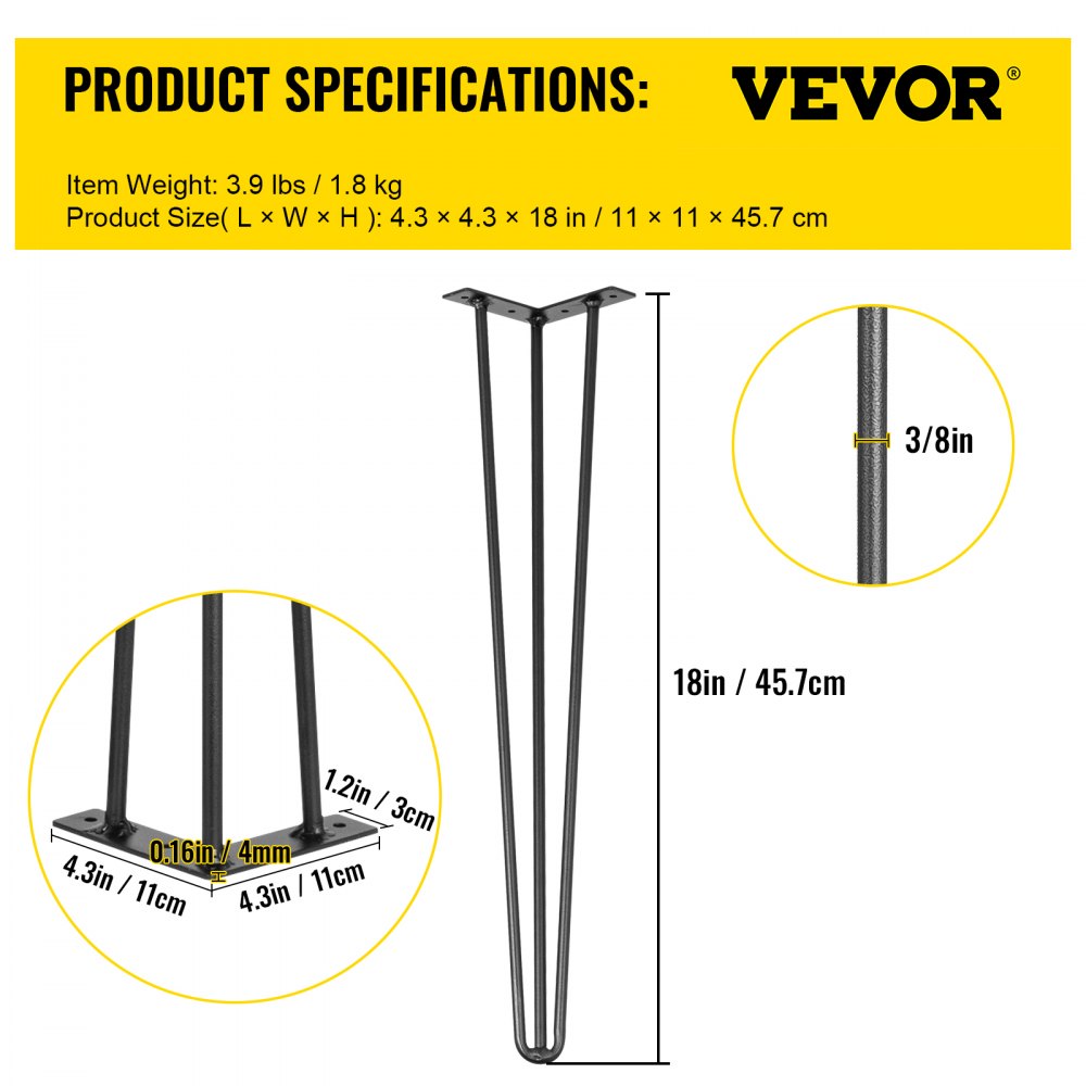 VEVOR Hairpin Table Legs 18\" Black Set of 4 Desk Legs 880lbs Load Capacity (Each 220lbs) Hairpin Desk Legs 3 Rods for Bench Desk Dining End Table Chairs Carbon Steel DIY Heavy Duty Furniture Legs