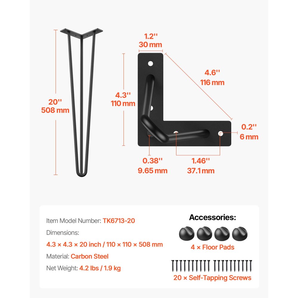 VEVOR Hairpin Table Legs 20\" Black Set of 4 Desk Legs 880lbs Load Capacity (Each 220lbs) Hairpin Desk Legs 3 Rods for Bench Desk Dining End Table Chairs Carbon Steel DIY Heavy Duty Furniture Legs