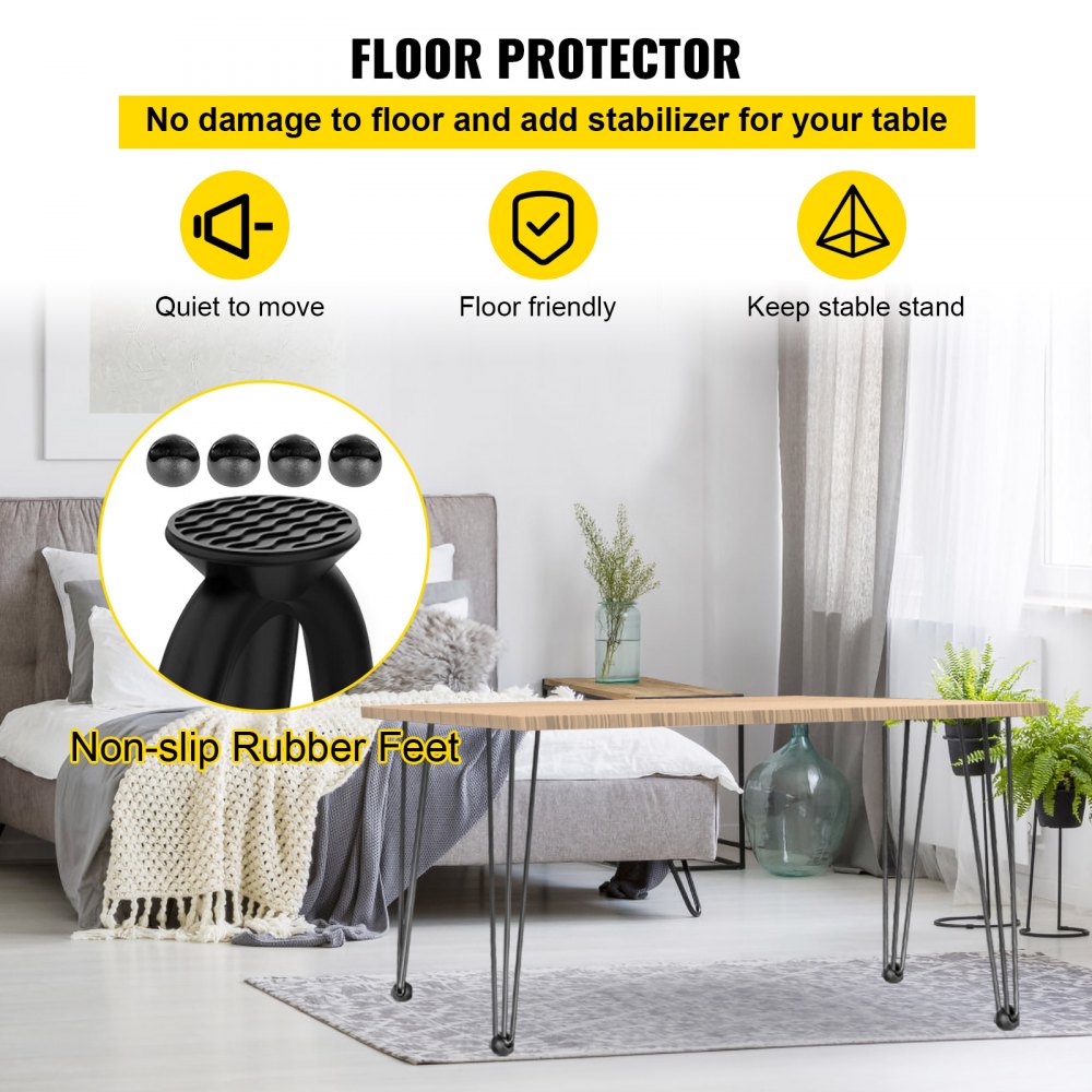 VEVOR Hairpin Table Legs 24" Black Set of 4 Desk Legs 880lbs Load Capacity (Each 220lbs) Hairpin Desk Legs 3 Rods for Bench Desk Dining End Table Chairs Carbon Steel DIY Heavy Duty Furniture Legs