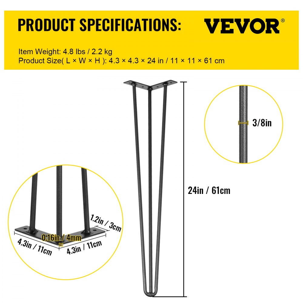 VEVOR Hairpin Table Legs 24" Black Set of 4 Desk Legs 880lbs Load Capacity (Each 220lbs) Hairpin Desk Legs 3 Rods for Bench Desk Dining End Table Chairs Carbon Steel DIY Heavy Duty Furniture Legs
