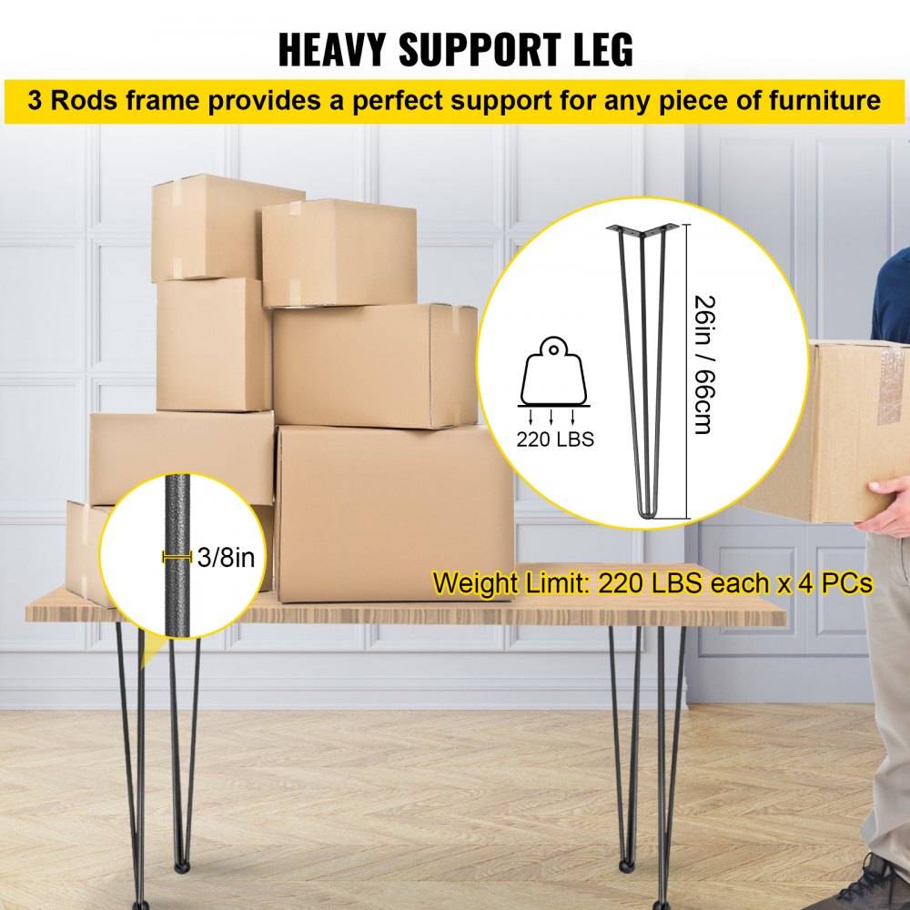 VEVOR Hairpin Table Legs 26\" Black Set of 4 Desk Legs 880lbs Load Capacity (Each 220lbs) Hairpin Desk Legs 3 Rods for Bench Desk Dining End Table Chairs Carbon Steel DIY Heavy Duty Furniture Legs