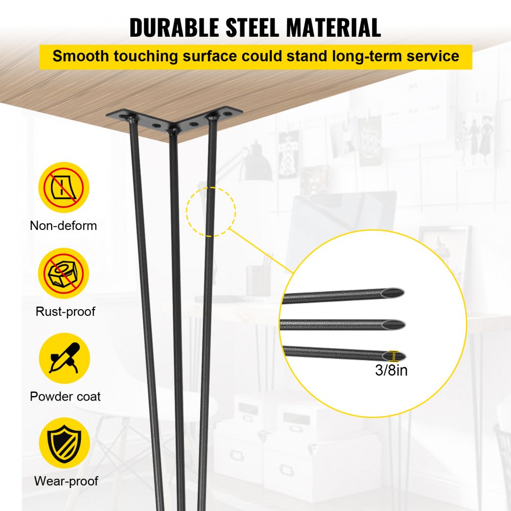 VEVOR Hairpin Table Legs 30\" Black Set of 4 Desk Legs 880lbs Load Capacity (Each 220lbs) Hairpin Desk Legs 3 Rods for Bench Desk Dining End Table Chairs Carbon Steel DIY Heavy Duty Furniture Legs