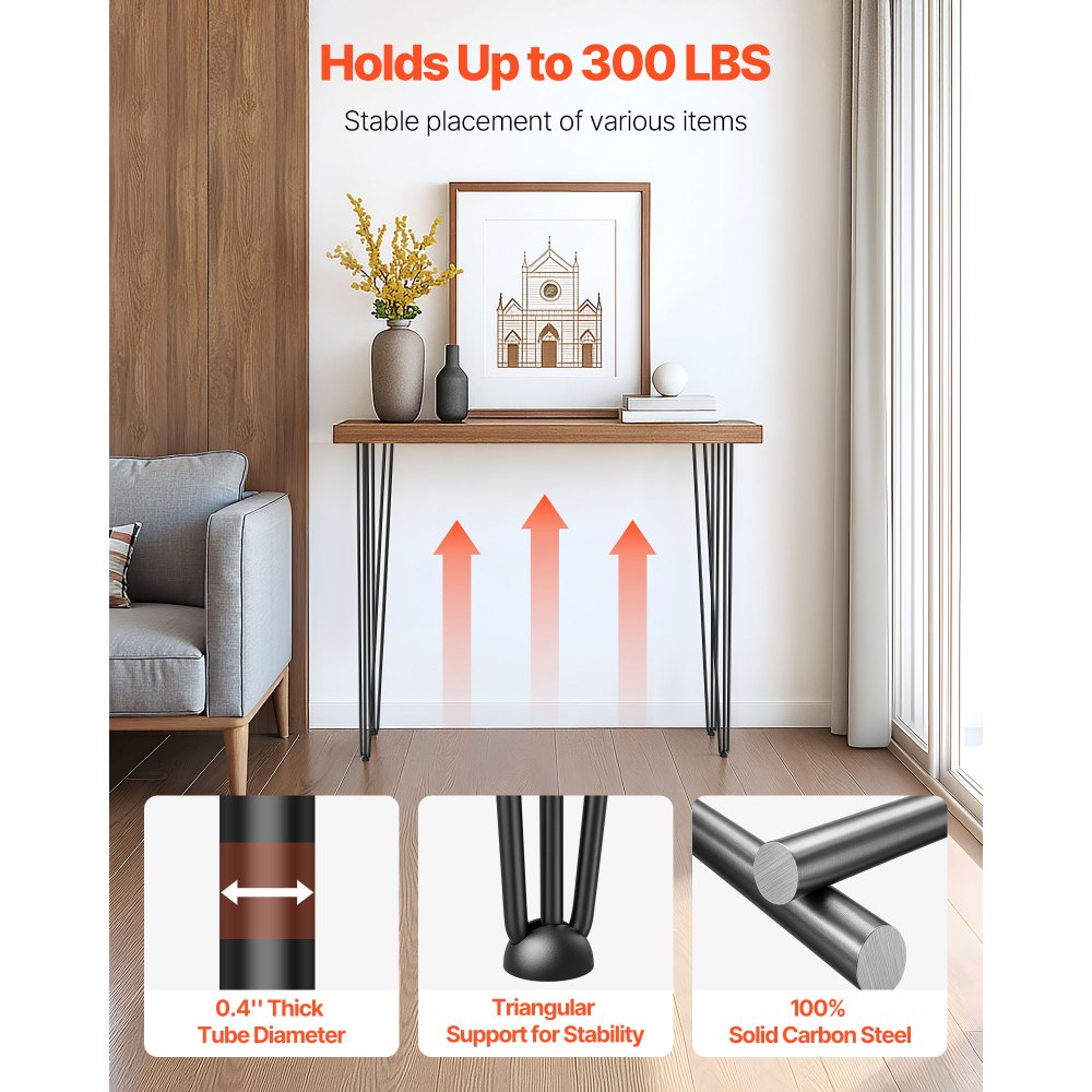 VEVOR Hairpin Table Legs 40\" Black Set of 4 Desk Legs 880lbs Load Capacity (Each 220lbs) Hairpin Desk Legs 3 Rods for Bench Desk Dining End Table Chairs Carbon Steel DIY Heavy Duty Furniture Legs