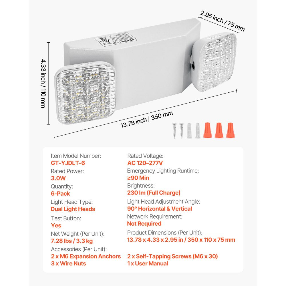 VEVOR 6 Pack Emergency Lights for Business, with Battery Backup, Commercial LED Emergency Exit Lighting Fixtures, AC 120/277V, with Two Square Head Adjustable, 90-Minute Backup, for Business, White