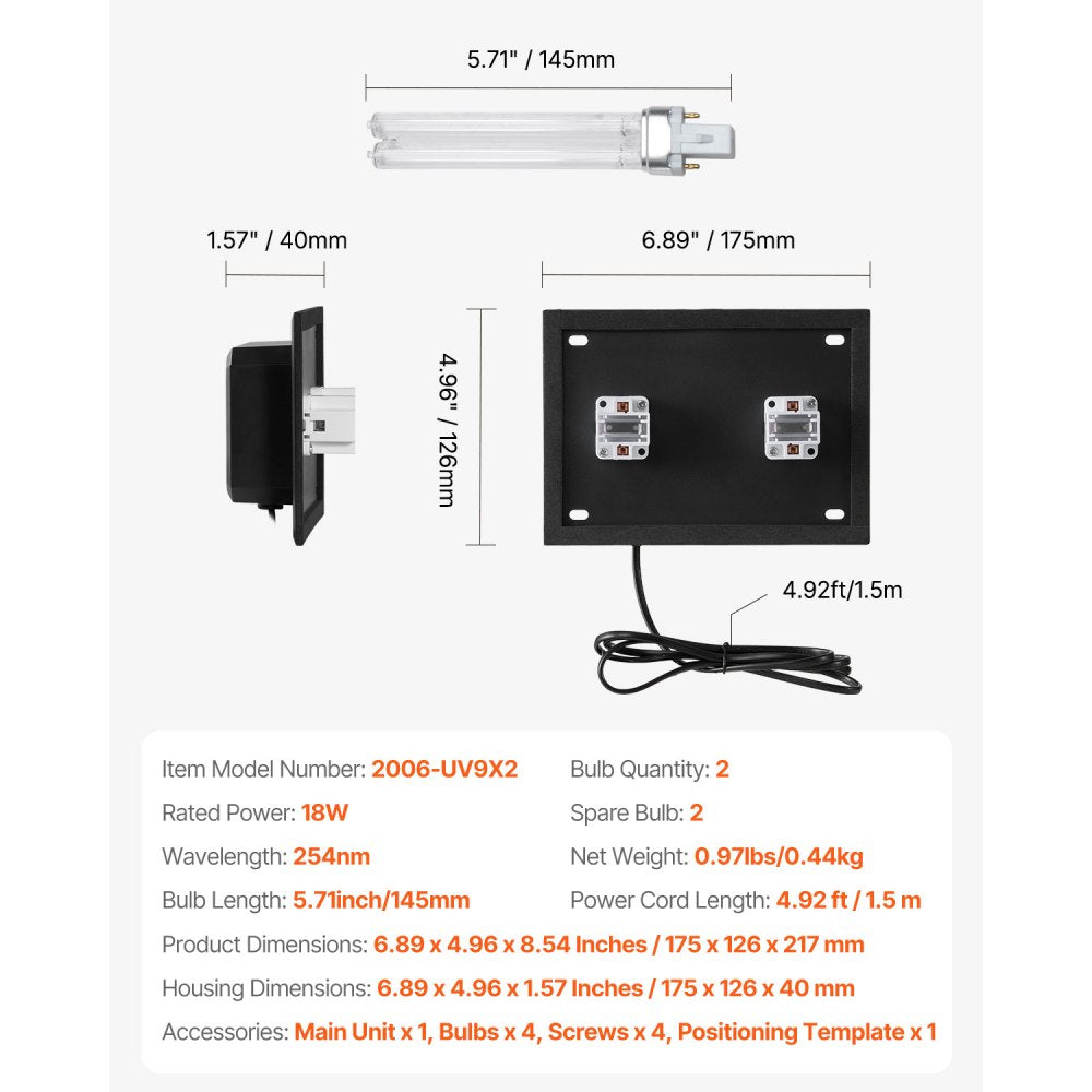VEVOR HVAC Air Purifier Whole House, 18W 7inch, UV UVC Light in Duct for Ac (Air Conditioning) Duct, Air Scrubber with 2 Replacement Bulb, HVAC UV lights for Ac Systems