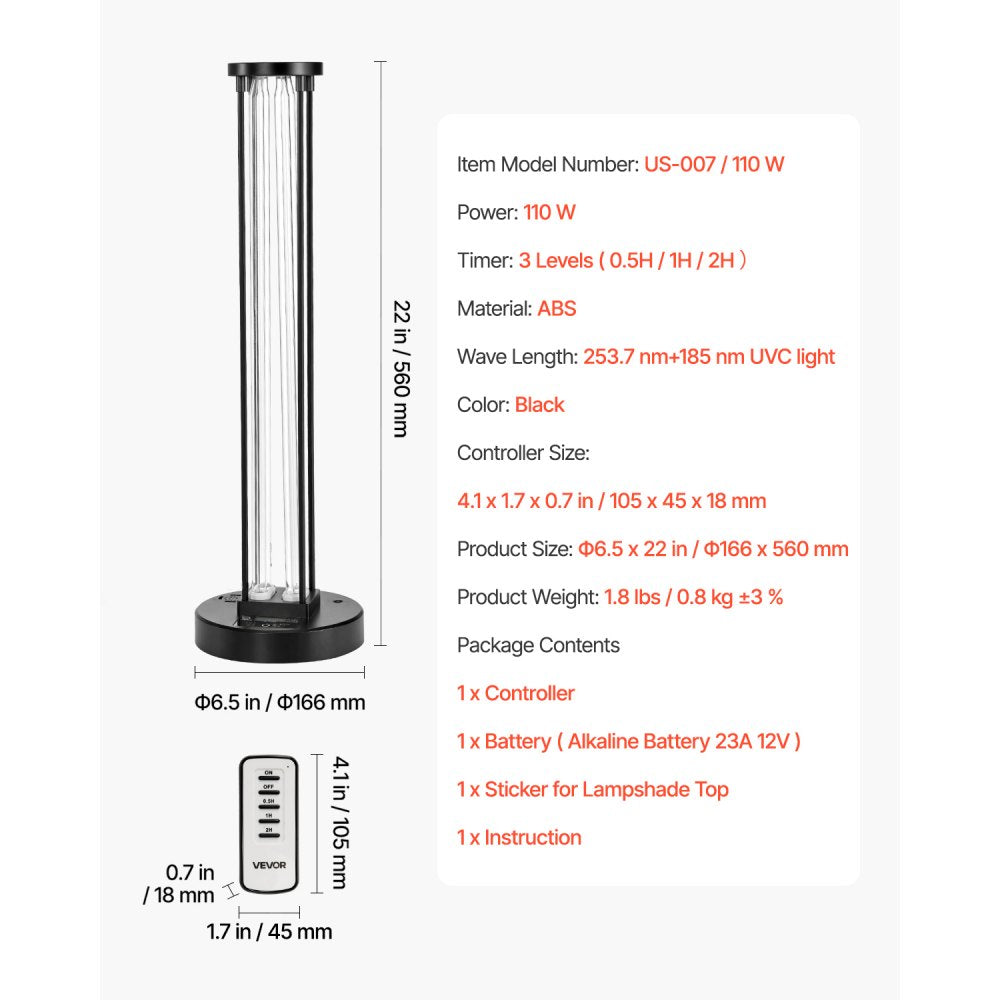 VEVOR UV Light, 110W Ultraviolet Lamp with Ozone Purifier, UVC Lamp with 30/60/120 Minutes 3-Gear Timer and Remote Control, for Room up to 600 sqft, UVO Lights for Living Room, Bedroom, Hotel, School