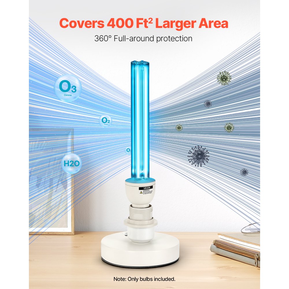 VEVOR UV Light Bulb, 4 Pack, 25W Replacement Ultraviolet UVC Lamp with Ozone, 253.7 nm + 185 nm Wavelength UVO Light Bulb, E27 Universal, for 400 sqft Living Room, Classroom, Office, Restaurant