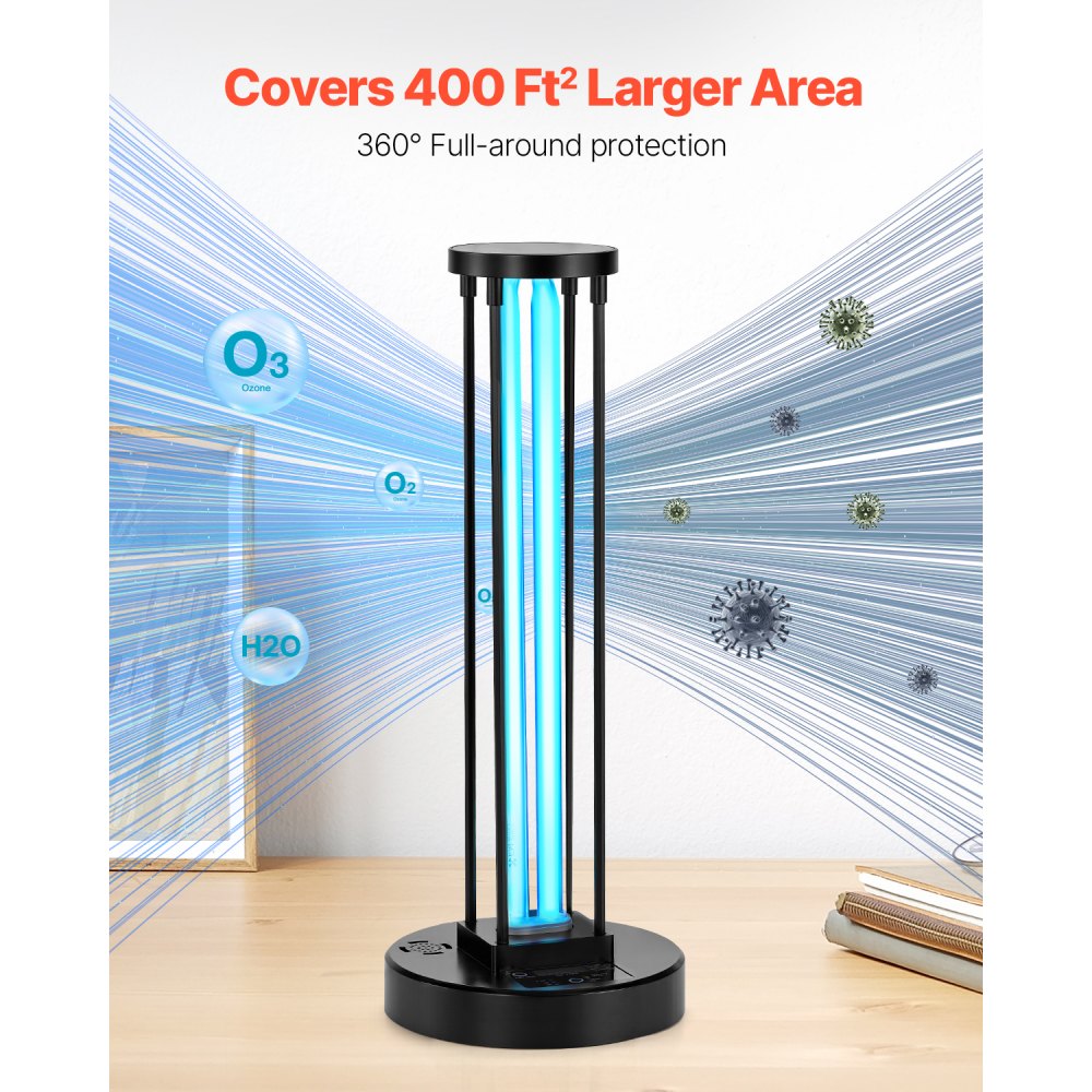 VEVOR UV Light, 36W Ultraviolet Lamp with Ozone Purifier, UVC Lamp with 30/60/120 Minutes 3-Gear Timer and Remote Control, for Room up to 400 sqft, UVO Lights for Living Room, Bedroom, Hotel, School