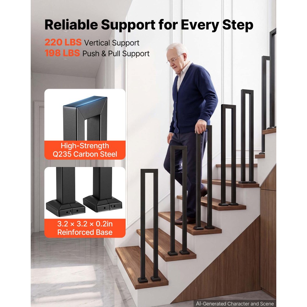 VEVOR Handrails for Outdoor Steps, 1 Step U-Shape Stair Hand Rail Kit Black, Stair Rails for Seniors, Concrete Steps, Porch and Deck, Heavy-Duty Galvanized Steel Stylish Railings w/ Decorative Covers