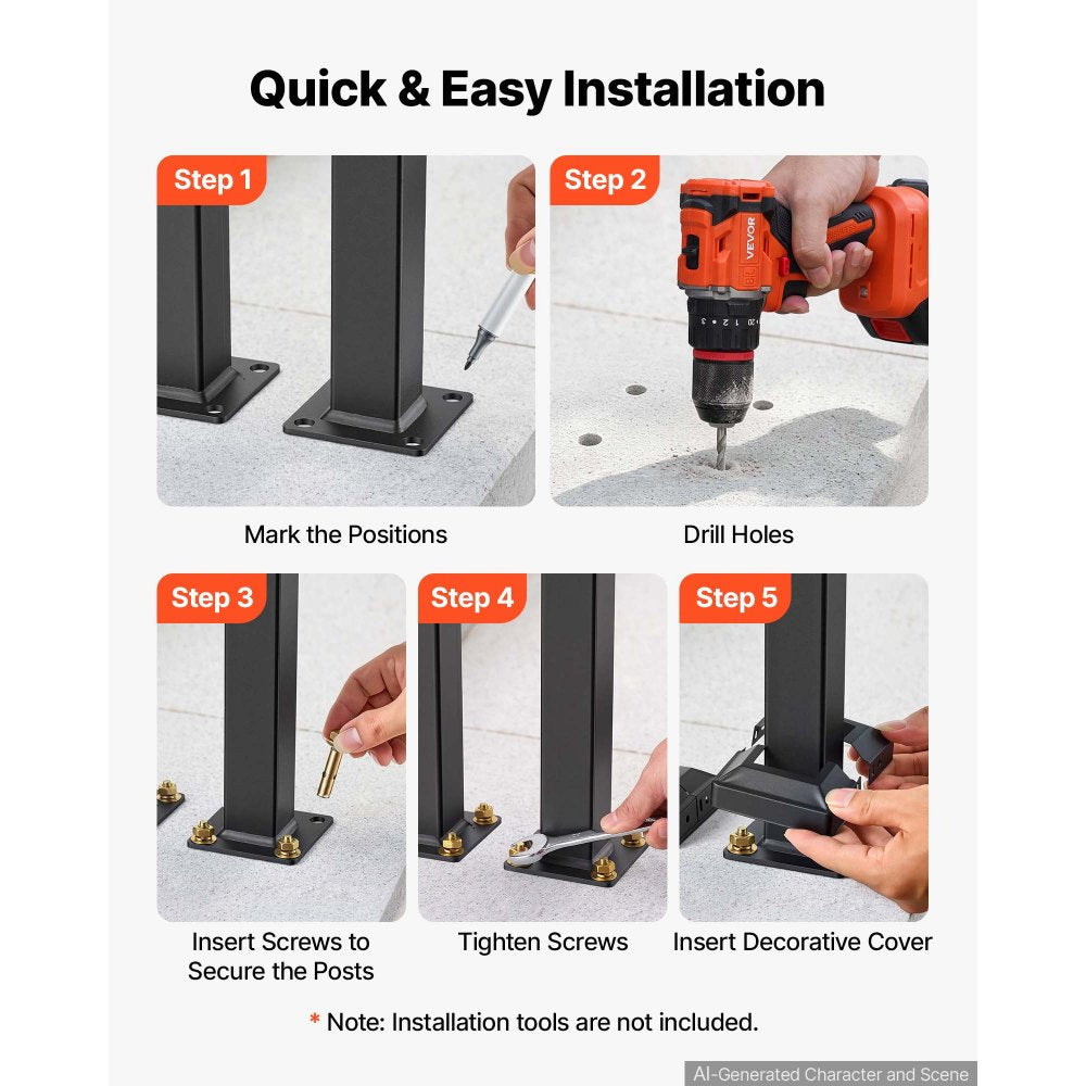 VEVOR Handrails for Outdoor Steps, 1 Step U-Shape Stair Hand Rail Kit Black, Stair Rails for Seniors, Concrete Steps, Porch and Deck, Heavy-Duty Galvanized Steel Stylish Railings w/ Decorative Covers
