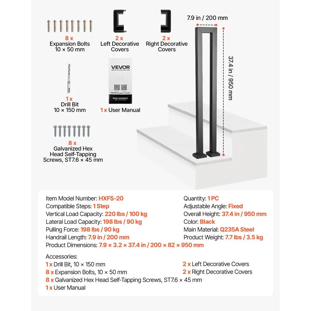 VEVOR Handrails for Outdoor Steps, 1 Step U-Shape Stair Hand Rail Kit Black, Stair Rails for Seniors, Concrete Steps, Porch and Deck, Heavy-Duty Galvanized Steel Stylish Railings w/ Decorative Covers