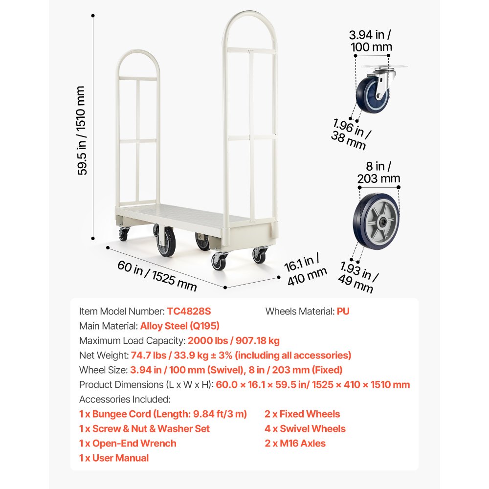 VEVOR U-Boat Platform Truck Dolly, 2000 lbs Load Capacity, Heavy Duty Steel Utility Cart, Industrial Hand Push Truck with Six Wheels and Dual Detachable Handles, for Warehouse, 60 x 16.1 x 59.5 in