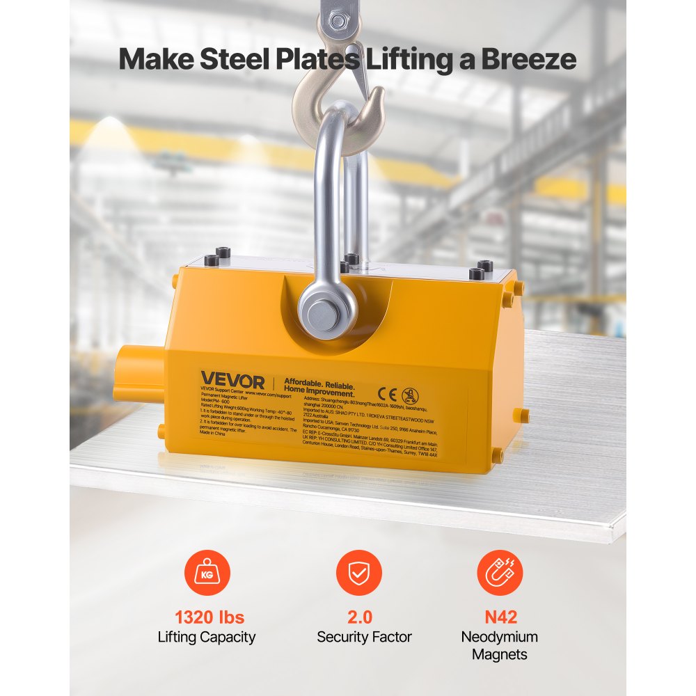 VEVOR Permanent Magnetic Lifter, 1320 lbs Pulling Capacity, Heavy Duty N42 Neodymium Lifting Magnet with Release Handle and Steel Hook, Used in Shop Crane and Hoist, for Lifting Plate Steel, Board