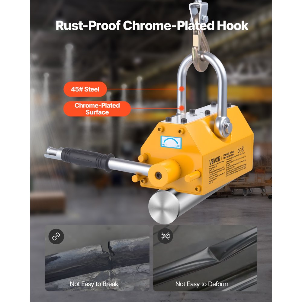 VEVOR Permanent Magnetic Lifter, 1320 lbs Pulling Capacity, Heavy Duty N42 Neodymium Lifting Magnet with Release Handle and Steel Hook, Used in Shop Crane and Hoist, for Lifting Plate Steel, Board