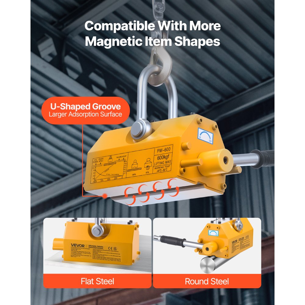 VEVOR Permanent Magnetic Lifter, 1320 lbs Pulling Capacity, Heavy Duty N42 Neodymium Lifting Magnet with Release Handle and Steel Hook, Used in Shop Crane and Hoist, for Lifting Plate Steel, Board