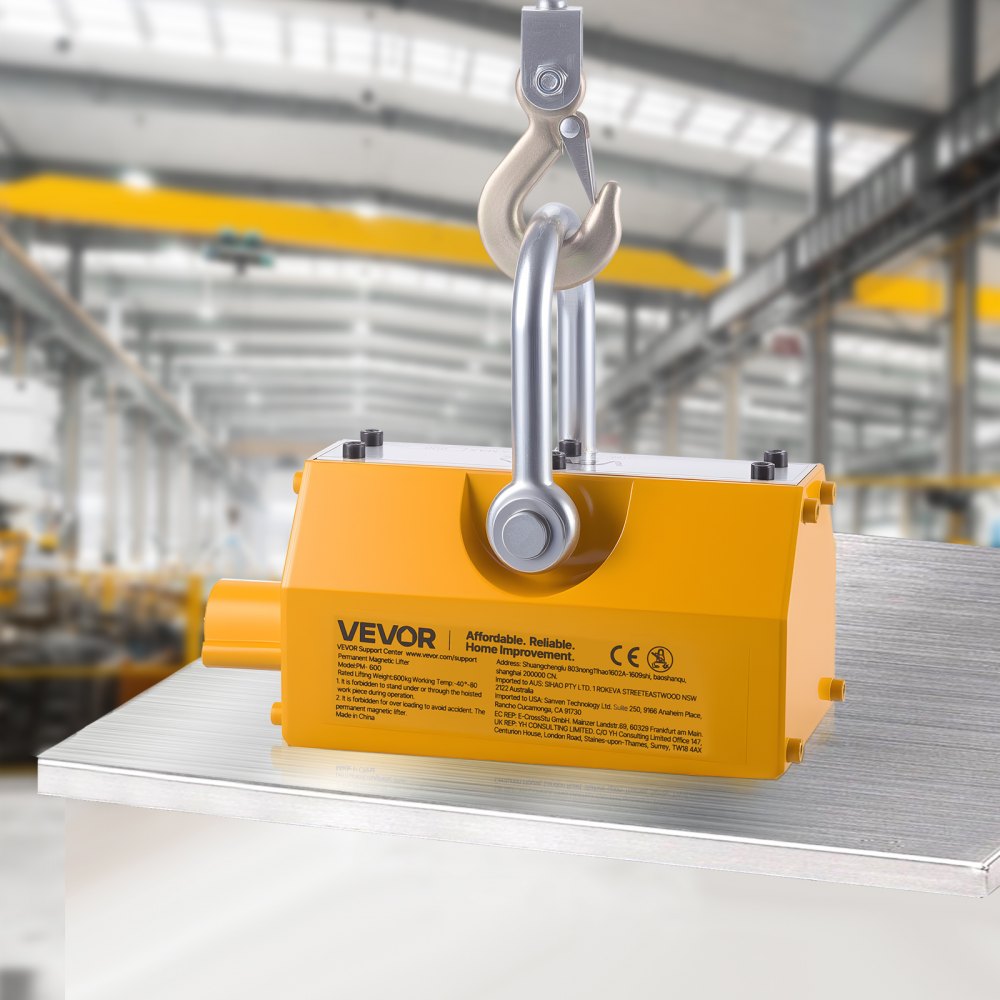 VEVOR Permanent Magnetic Lifter, 1320 lbs Pulling Capacity, Heavy Duty N42 Neodymium Lifting Magnet with Release Handle and Steel Hook, Used in Shop Crane and Hoist, for Lifting Plate Steel, Board