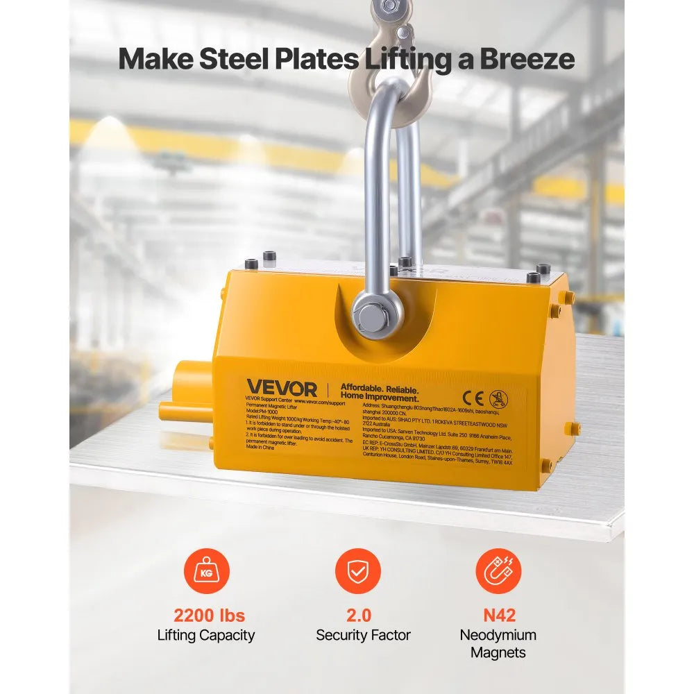 VEVOR Permanent Magnetic Lifter, 2200 lbs Pulling Capacity, Heavy Duty N42 Neodymium Lifting Magnet with Release Handle and Steel Hook, Used in Shop Crane and Hoist, for Lifting Plate Steel, Board
