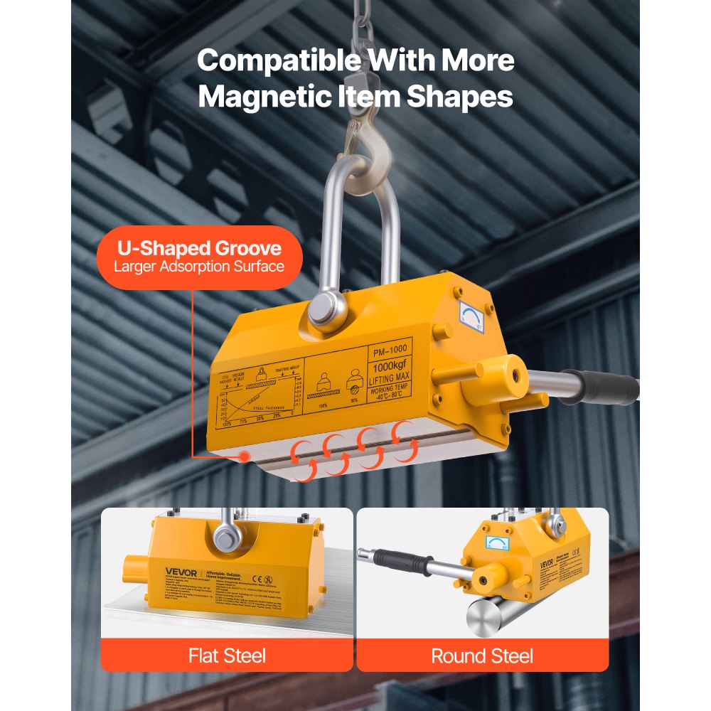 VEVOR Permanent Magnetic Lifter, 2200 lbs Pulling Capacity, Heavy Duty N42 Neodymium Lifting Magnet with Release Handle and Steel Hook, Used in Shop Crane and Hoist, for Lifting Plate Steel, Board
