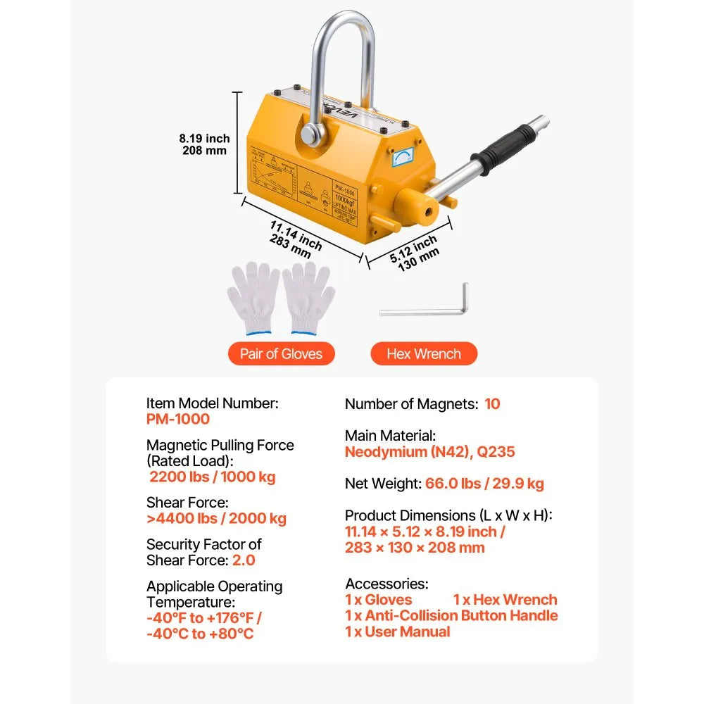 VEVOR Permanent Magnetic Lifter, 2200 lbs Pulling Capacity, Heavy Duty N42 Neodymium Lifting Magnet with Release Handle and Steel Hook, Used in Shop Crane and Hoist, for Lifting Plate Steel, Board