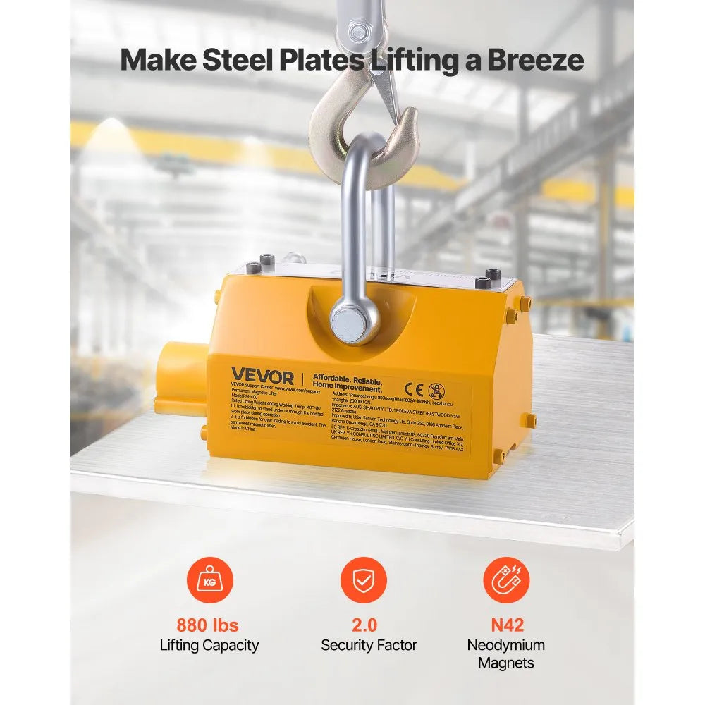 VEVOR Permanent Magnetic Lifter, 880 lbs Pulling Capacity, Heavy Duty N42 Neodymium Lifting Magnet with Release Handle and Steel Hook, Used in Shop Crane and Hoist, for Lifting Plate Steel, Board