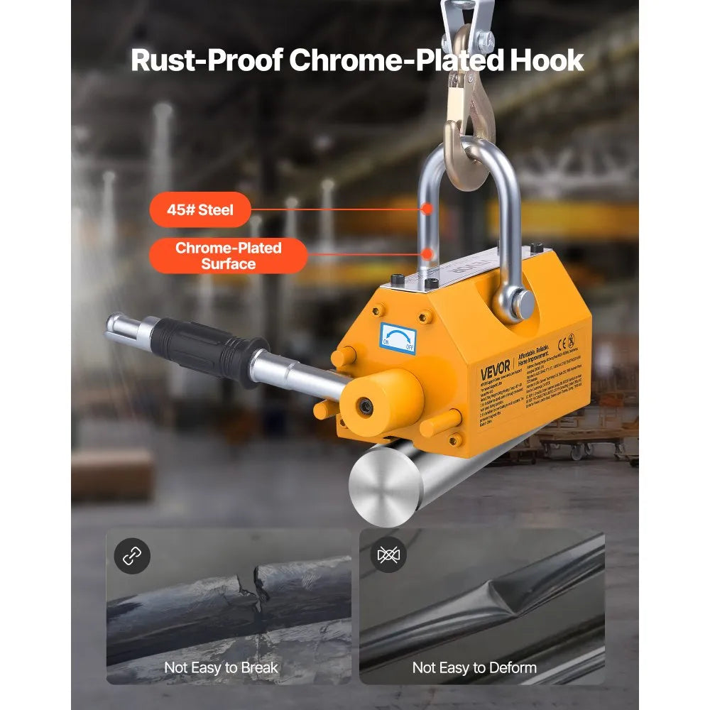 VEVOR Permanent Magnetic Lifter, 880 lbs Pulling Capacity, Heavy Duty N42 Neodymium Lifting Magnet with Release Handle and Steel Hook, Used in Shop Crane and Hoist, for Lifting Plate Steel, Board