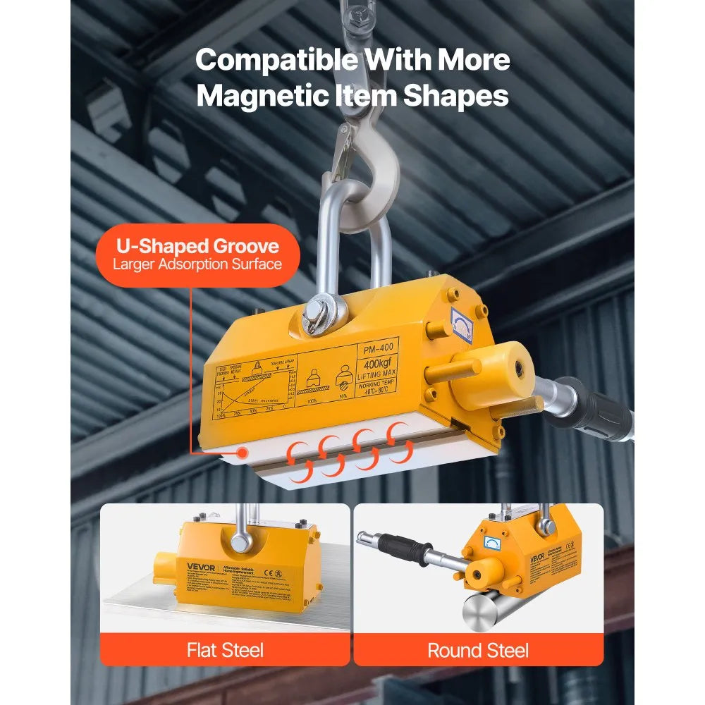 VEVOR Permanent Magnetic Lifter, 880 lbs Pulling Capacity, Heavy Duty N42 Neodymium Lifting Magnet with Release Handle and Steel Hook, Used in Shop Crane and Hoist, for Lifting Plate Steel, Board