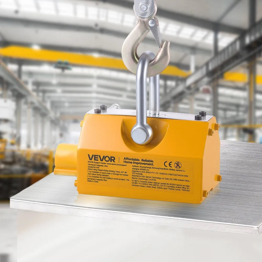 VEVOR Permanent Magnetic Lifter, 880 lbs Pulling Capacity, Heavy Duty N42 Neodymium Lifting Magnet with Release Handle and Steel Hook, Used in Shop Crane and Hoist, for Lifting Plate Steel, Board