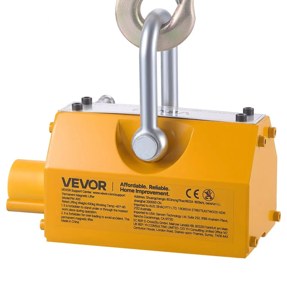 VEVOR Permanent Magnetic Lifter, 880 lbs Pulling Capacity, Heavy Duty N42 Neodymium Lifting Magnet with Release Handle and Steel Hook, Used in Shop Crane and Hoist, for Lifting Plate Steel, Board