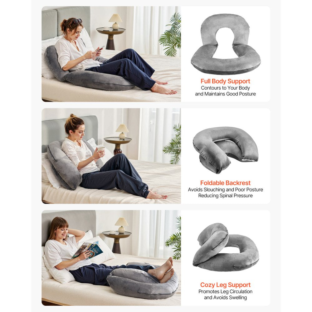VEVOR Reading Pillow, Large Size U-Shaped Sitting up Pillow, Washable Bed Pillow with Soft Velvet, Bed Rest Back Pillow, Ideal for Reading, Gaming, Resting, Working, Grey