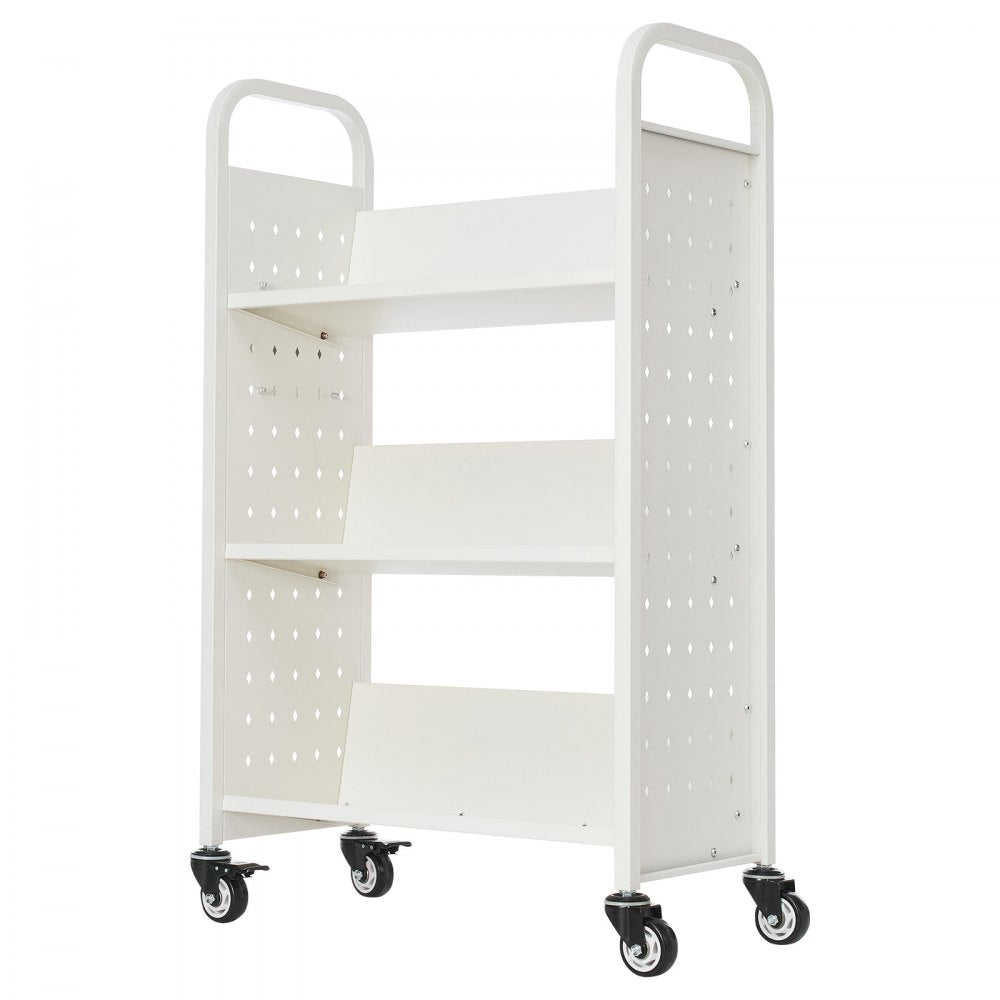 VEVOR Rolling Library Book Cart, 330 lbs Capacity, 30.3 x 15 x 48.0-Inch Library Cart, Single Sided V-Shaped Shelves with 3-Inch Lockable Wheels, Book Truck for Home Shelves Office and School, White