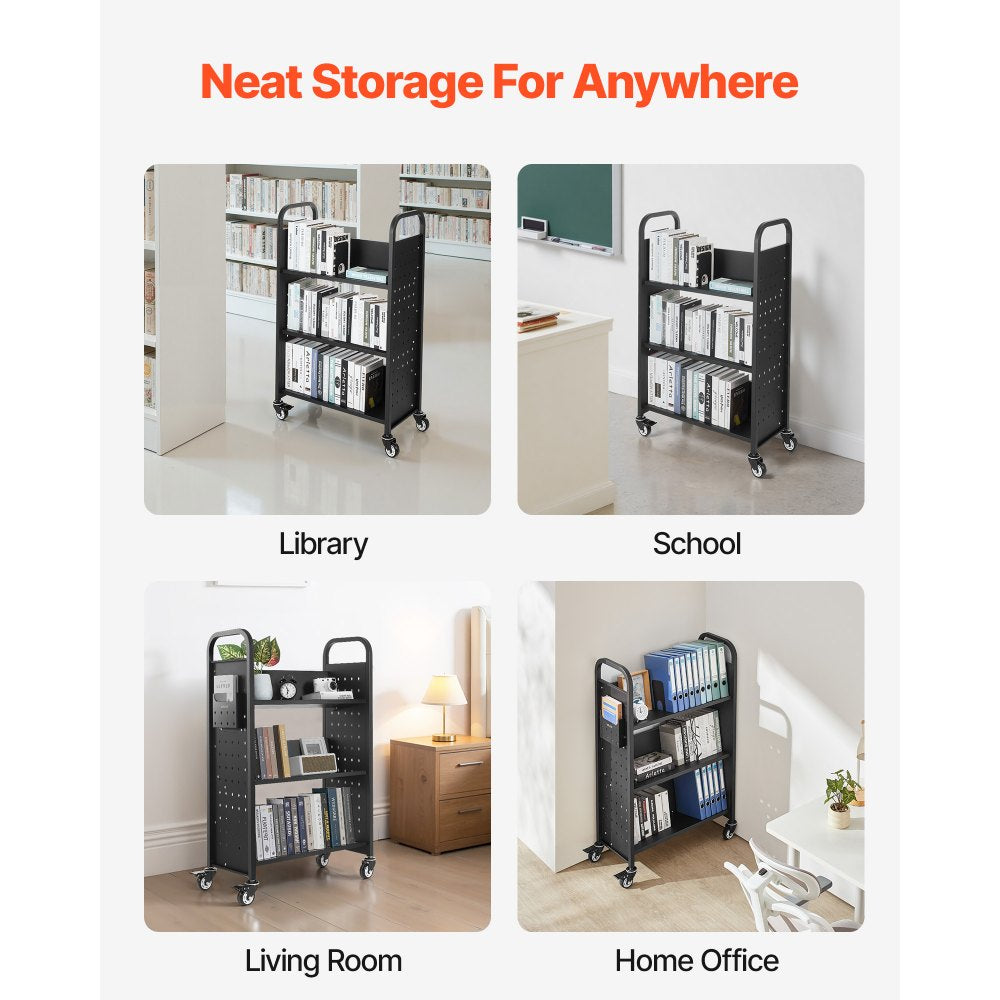 VEVOR Rolling Library Book Cart, 330 lbs Capacity, 30.3 x 15 x 48.0-Inch Library Cart, Single Sided V-Shaped Shelves with 3-Inch Lockable Wheels, Book Truck for Home Shelves Office and School, Black