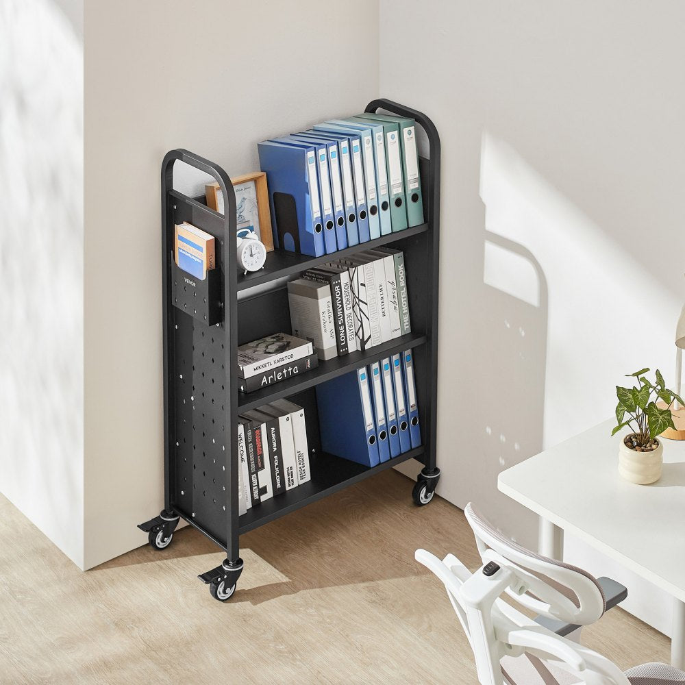 VEVOR Rolling Library Book Cart, 330 lbs Capacity, 30.3 x 15 x 48.0-Inch Library Cart, Single Sided V-Shaped Shelves with 3-Inch Lockable Wheels, Book Truck for Home Shelves Office and School, Black