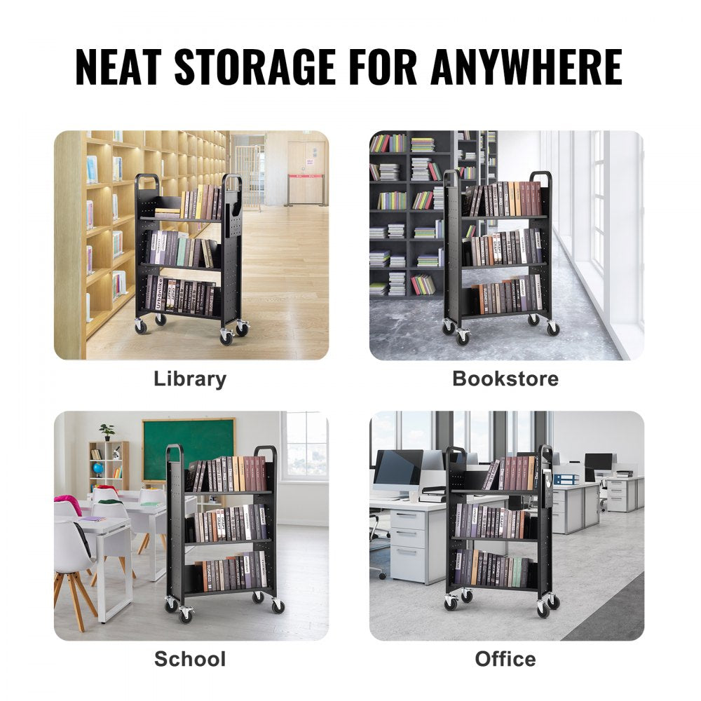 VEVOR Book Cart, 330 lbs Library Cart, 31.1" x 15.2" x 49.2" Rolling Book Cart, Single Sided V-Shaped Sloped Shelves with 4-Inch Lockable Wheels for Home Shelves Office and School, Book Truck in Black